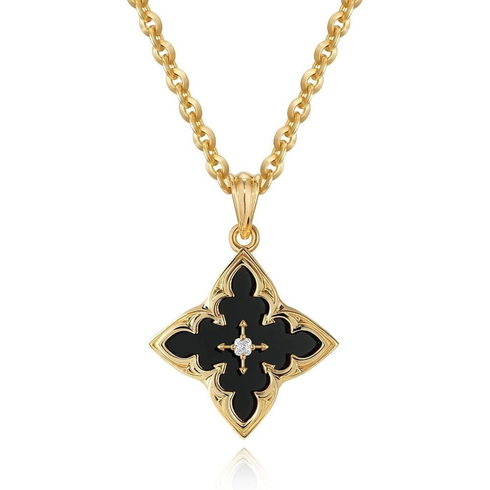 Gold Clover Necklace Women Dainty 14K Gold Black Onyx Pendant Adjustable Chain